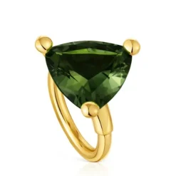 Anel grande banhado a ouro de 18 K sobre prata e espinélio verde criado em laboratório TOUS Color LGG