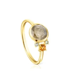 Anel Virtual Garden em ouro com labradorite, safira e topázio