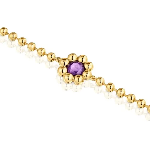 Bracelet chaîne fleur en argent plaqué or 18 ct et améthyste Sugar Party