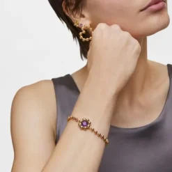 Bracelet chaîne fleur en argent plaqué or 18 ct et améthyste Sugar Party