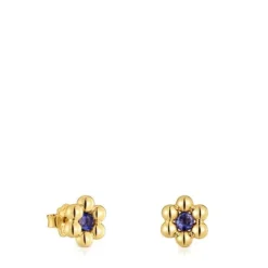 Brincos curtos flor banhados a ouro 18 K sobre prata e iolita Sugar Party