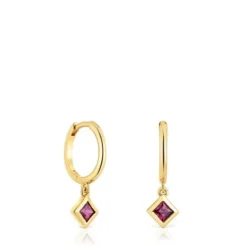 Brincos de argola curtos banhados a ouro de 18 K sobre prata e detalhe rodolita TOUS Basic Colors
