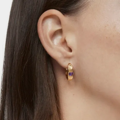 Brincos de argola curtos banhados a ouro de 18 K sobre prata e ametista TOUS Basic Colors