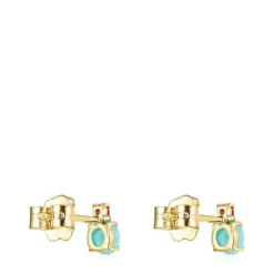 Brincos Mini Ivette em Ouro com Amazonite e Rubi
