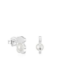 Brincos pequenos 12 mm urso em prata com pérolas cultivadas I-Bear