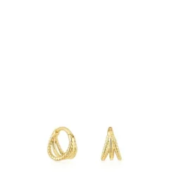 Brincos tripla argola curtos com relevo em ouro Basics