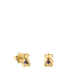 Brincos urso pequenos banhados a ouro de 18 K sobre prata e ametista Bold Bear