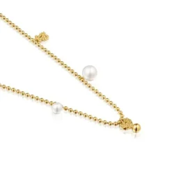 Colar curto banhado a ouro de 18 K sobre prata, pérolas cultivadas e motivos TOUS Grain