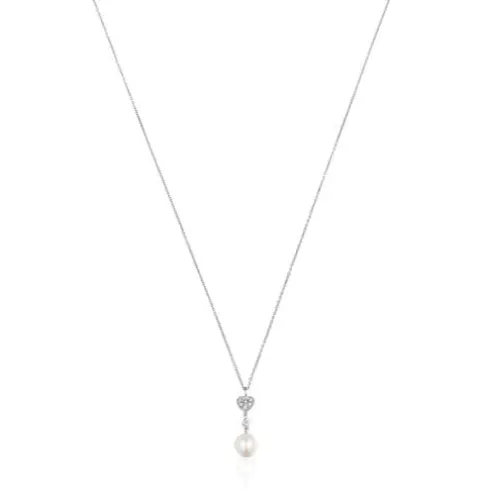 Colar curto coração em ouro branco com diamantes e pérola cultivada TOUS Grain