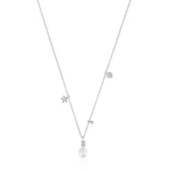 Colar curto em ouro branco com diamantes, pérola cultivada e motivos TOUS Grain