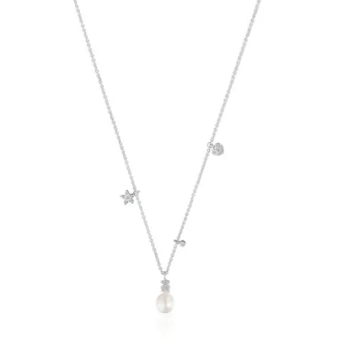 Colar curto em ouro branco com diamantes, pérola cultivada e motivos TOUS Grain
