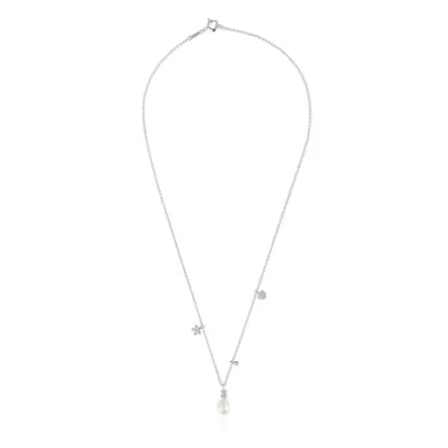 Colar curto em ouro branco com diamantes, pérola cultivada e motivos TOUS Grain