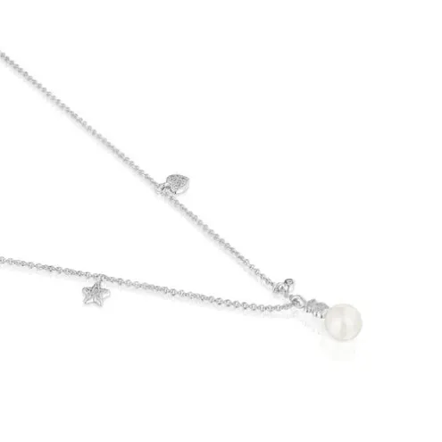 Colar curto em ouro branco com diamantes, pérola cultivada e motivos TOUS Grain