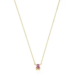 Colar curto motivo urso banhado a ouro de 18 K sobre prata e safira lilás criada em laboratório Color Bear LGG