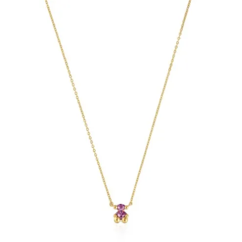Colar curto motivo urso banhado a ouro de 18 K sobre prata e safira lilás criada em laboratório Color Bear LGG
