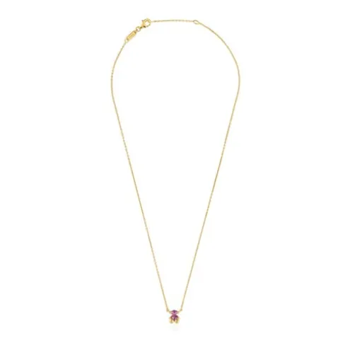 Colar curto motivo urso banhado a ouro de 18 K sobre prata e safira lilás criada em laboratório Color Bear LGG