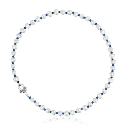 Colar em nylon azul com prata e pérolas cultivadas de 45 cm TOUS MANIFESTO