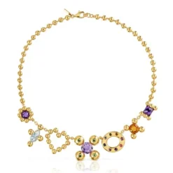 Collier en argent plaqué or 18 ct et motifs avec pierres précieuses court Sugar Party