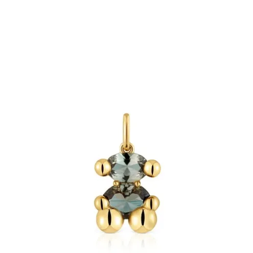 Pingente pequeno motivo urso banhado a ouro de 18 K sobre prata e espinélio verde criado em laboratório Color Bear LGG