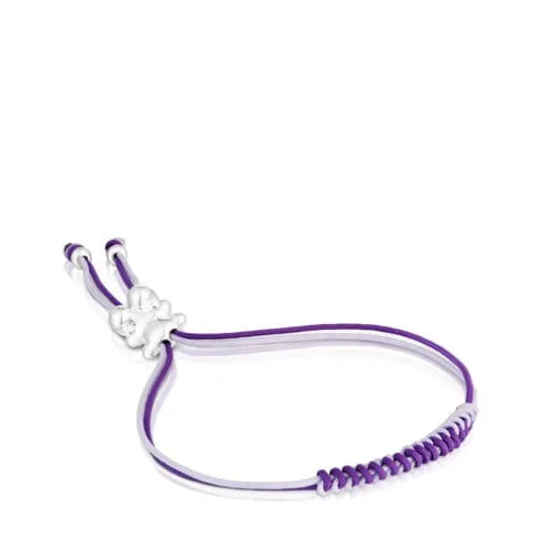 Pulseira de cordão lilás e malva com urso em prata Bold Bear