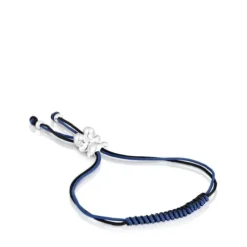 Pulseira de cordão preto e azul-marinho com urso em prata Bold Bear