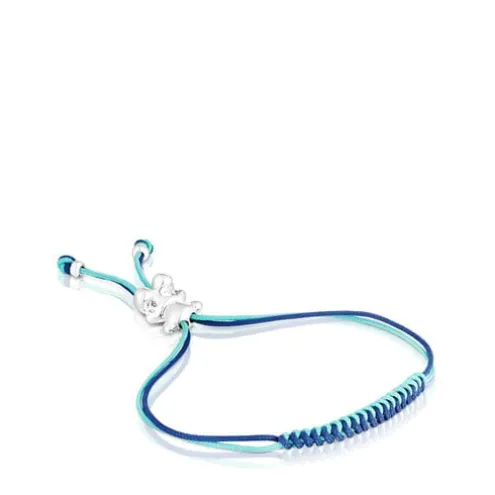Pulseira de cordão turquesa e azul-marinho com urso em prata Bold Bear