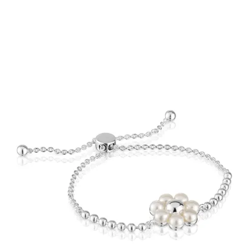 Pulseira de corrente em prata com flor e pérolas cultivadas Sugar Party