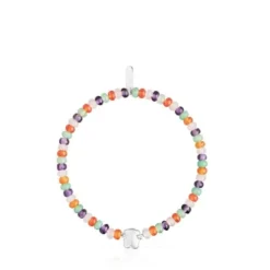 Pulseira elástica com pedras preciosas e motivo urso em prata Bold Motif