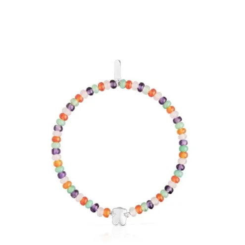 Pulseira elástica com pedras preciosas e motivo urso em prata Bold Motif