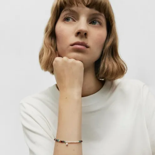 Pulseira elástica com pedras preciosas, pérolas cultivadas e motivo de urso em prata Bold Motif