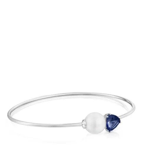 Pulseira escrava em ouro branco, iolita e pérola cultivada Ivette