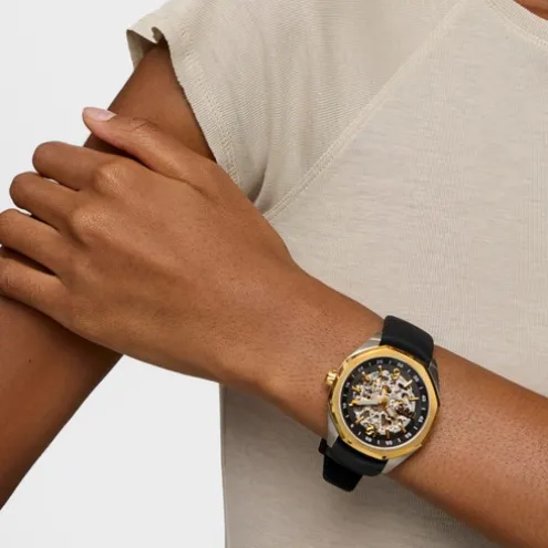 Relógio analógico automático com caixa em aço IPG dourado e bracelete de silicone preto TOUS Now