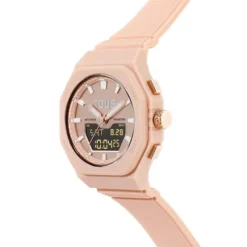 Relógio analógico/digital em aço IPRG nude com bracelete em nylon rosa Bet