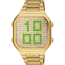 Relógio digital com bracelete em aço IPG dourado e caixa com ledes D-BEAR