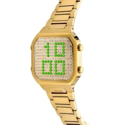 Relógio digital com bracelete em aço IPG dourado e caixa com ledes D-BEAR