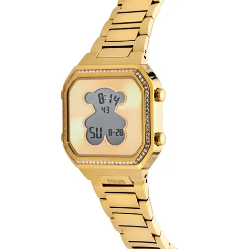 Relógio digital com bracelete em aço IPG dourado e zircónias D-BEAR