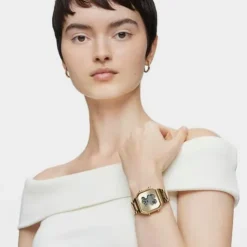 Relógio digital com bracelete em aço IPG dourado e zircónias D-BEAR
