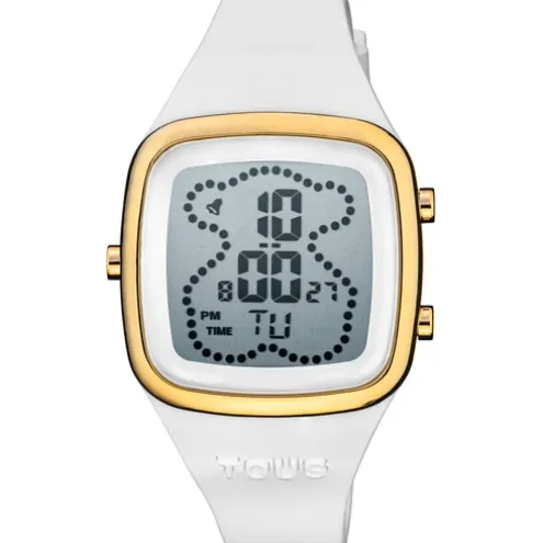 Relógio digital com correia de silicone na cor branca e caixa em aço IPG dourado TOUS B-Time