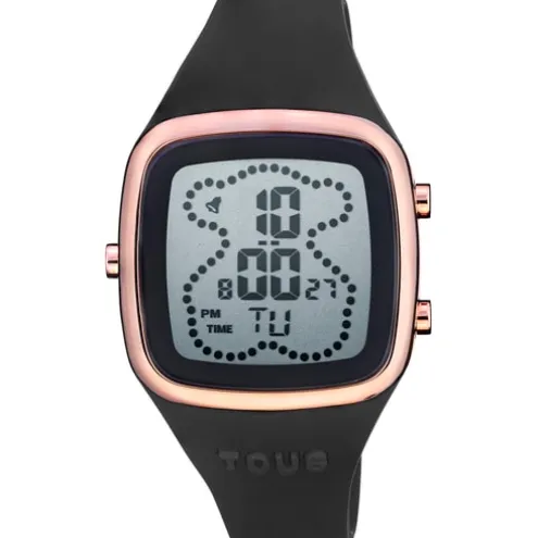 Relógio digital com correia de silicone na cor preta e caixa em aço IPRG rosado TOUS B-Time