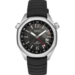 Relógio gmt automático  com correia de silicone preta, caixa em aço e mostrador em madrepérola TOUS Now