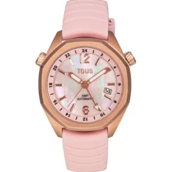 Relógio gmt automático com correia de silicone rosa, caixa em aço IPRG rosa e mostrador em madrepérola TOUS Now