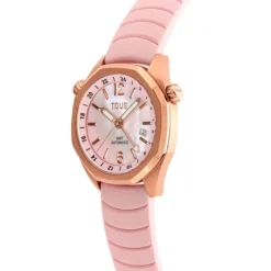 Relógio gmt automático  com correia de silicone rosa, caixa em aço IPRG rosa e mostrador em madrepérola TOUS Now