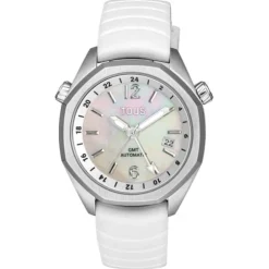 Relógio gmt automático  com correia de silicone branca, caixa em aço e mostrador em madrepérola TOUS Now