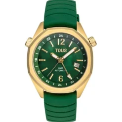 Relógio gmt automático  com correia de silicone verde, caixa em aço IPG dourado e mostrador em madrepérola TOUS Now