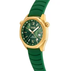 Relógio gmt automático  com correia de silicone verde, caixa em aço IPG dourado e mostrador em madrepérola TOUS Now