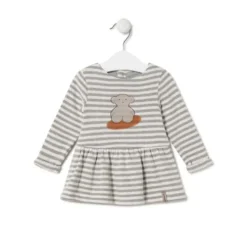Vestido de menina às riscas com Urso Grey cor crua