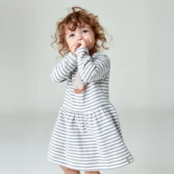 Vestido de menina às riscas com Urso Grey cor crua